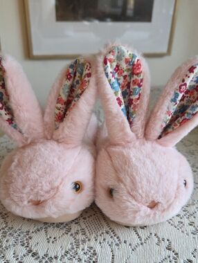 Pink Plush Bunny Slippers with Floral Ear Lining